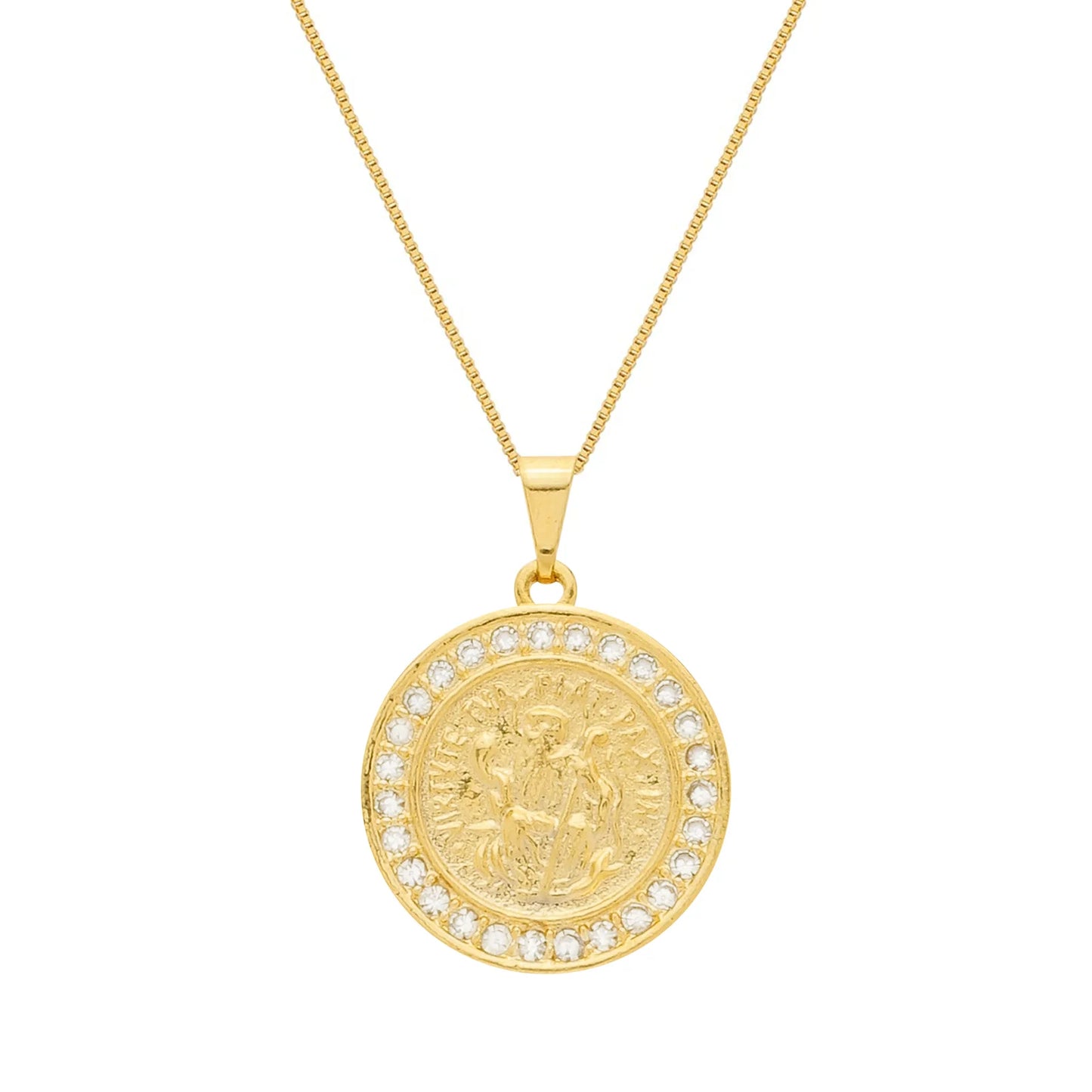 Colar Dourado Medalha São Miguel Arcanjo Cravejado de Zircônia