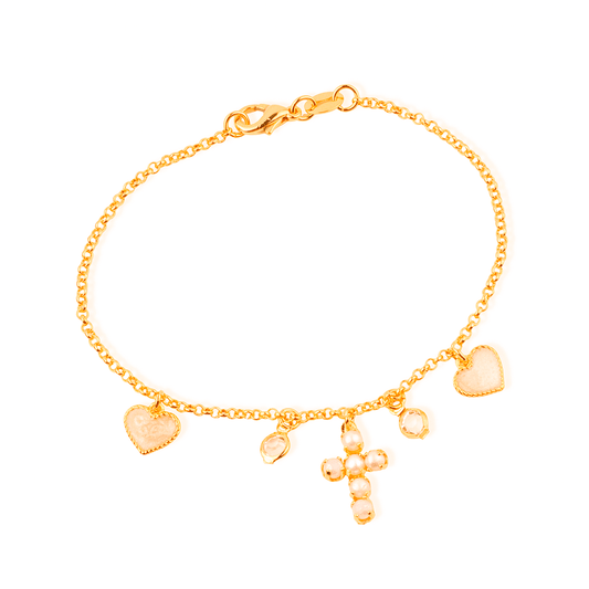 Pulseira Dourada Religiosa Cruz de Pérolas com Ponto de Luz
